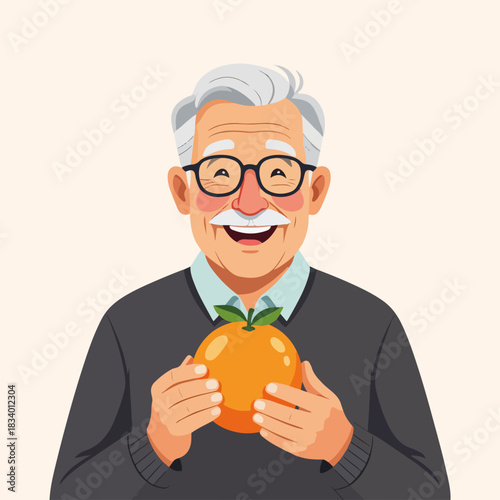 Happy elderly man holding a fresh orange. Senior health and nutrition concept. Cartoon character design