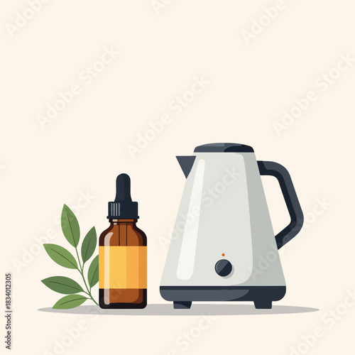 Aromatherapy and wellness concept with an essential oil bottle and electric kettle. Flat design for herbal remedies and self-care. Simple graphic isolated on a light background