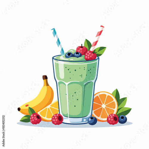 A healthy green smoothie with fresh fruit and berries. Organic detox drink for a healthy lifestyle. Flat cartoon food graphic