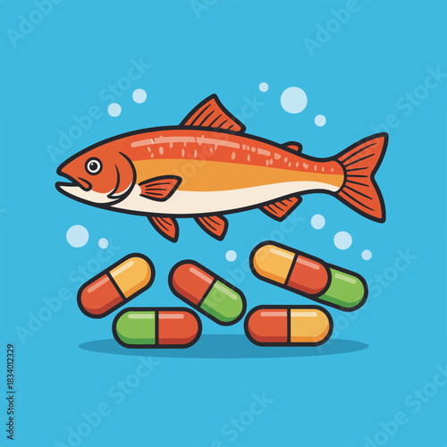 Fish oil supplement concept with a salmon and capsules. Cartoon graphic for health and nutrition. Omega-3 vitamin dietary icon