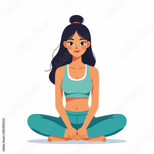 A young woman practicing yoga in a sitting cross-legged pose. Flat design character for fitness, meditation, and wellness concepts. Girl in sportswear isolated on a white background