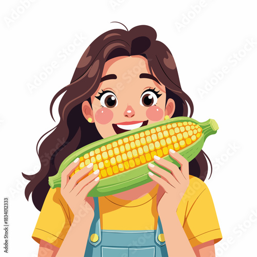 Happy girl eating a fresh corn on the cob. Cartoon character design for healthy food and agriculture concepts. Isolated flat graphic