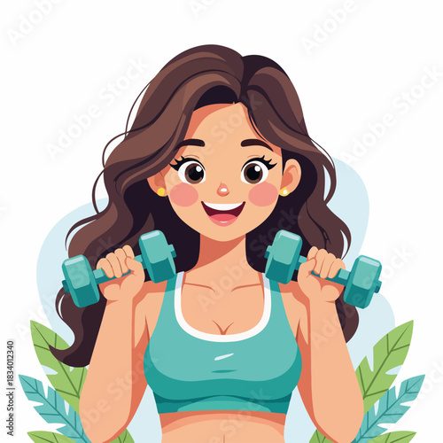 Fit woman lifting dumbbells during a workout. Cartoon character for gym and fitness themes. Healthy lifestyle graphic
