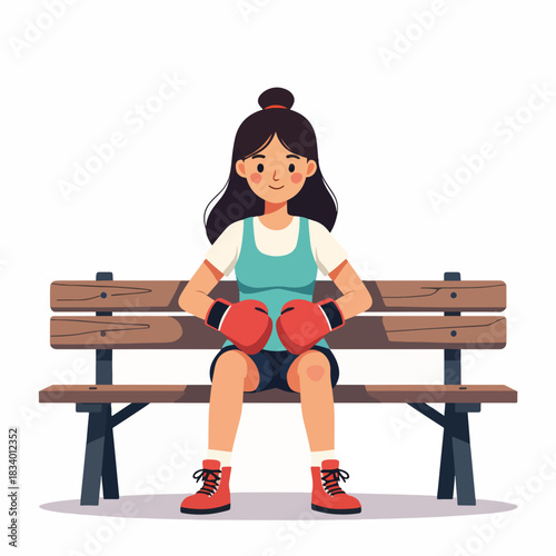 A female boxer sitting on a bench with red boxing gloves. Flat cartoon character design for sports and fitness concepts. Athletic woman resting after a workout