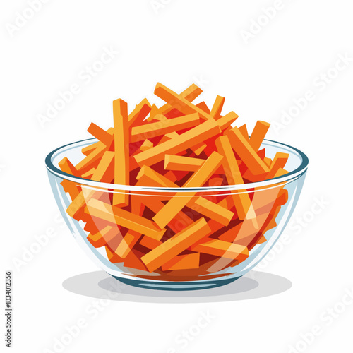 A bowl of shredded carrots. Healthy raw vegetable ingredient for salads and cooking. Simple cartoon food graphic isolated on white