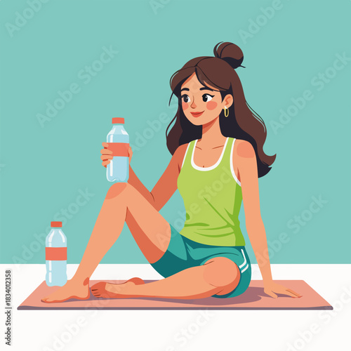 A young woman resting on a yoga mat with a water bottle. Fitness, health, and hydration concept. Flat design character illustration