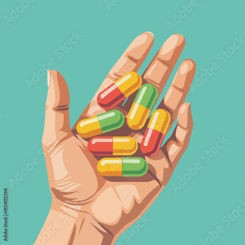 Hand holding colorful pills and capsules. Medical treatment and healthcare concept. Stylized flat graphic design