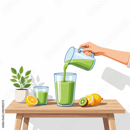 A hand pouring a green smoothie into a glass on a wooden table. Healthy lifestyle and detox drink concept with fresh fruit. Flat design graphic