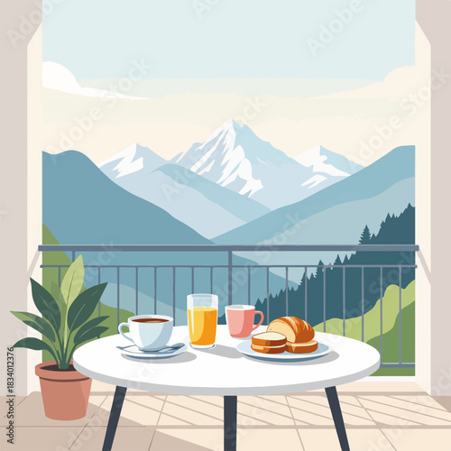 Breakfast on a balcony with a mountain view. Healthy morning meal with coffee and juice. Flat design graphic for travel and vacation concepts