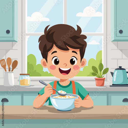 A happy boy eating a bowl of cereal for breakfast in the kitchen. Cartoon of a child's healthy morning routine. Food and nutrition concept for kids