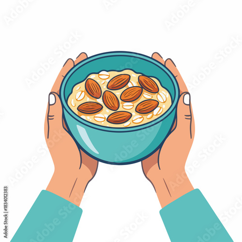 Hands holding a bowl of oatmeal with almonds. Healthy breakfast food concept. Cartoon graphic isolated on a white background