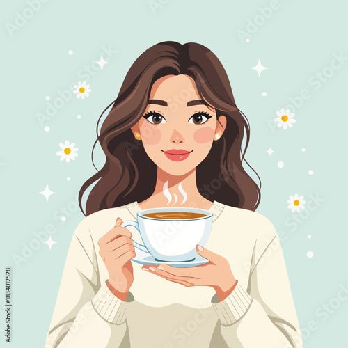 A smiling woman holding a cup of hot chamomile tea. Health and wellness concept. Flat cartoon character design