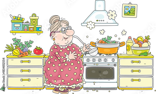 Cheerful granny cooking a tasty soup with fresh vegetables and spices in her cozy kitchen, vector cartoon illustration isolated on a white background