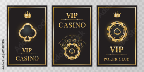 Premium VIP casino posters set with  golden playing chip, cards and text on black background. Collection of templates for pocker club or casino. Advertising, games, casino. Vector illustration.