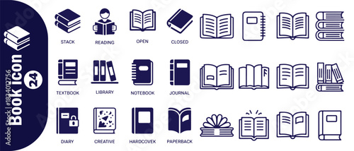 Book icon set with outline style filled design, 24 different library and education related symbols