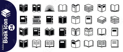Book icon set contains editable vector icons of open book, reading, note, bookmark, library, textbook