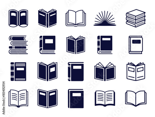 Book icon set contains editable vector icons of open book, reading, note, bookmark, library, textbook