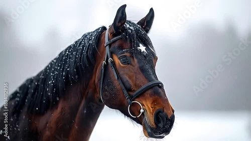 A Majestic Brown Horse in Snowy Landscape, with Star-Shaped Mark on Forehead