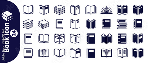 Diverse set of book icons featuring open closed stack notebook library reading and journal in outline style