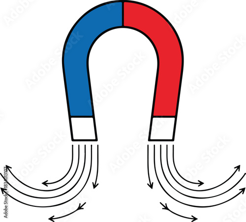Horseshoe magnet vector illustration showing red and blue poles attracting magnetic field lines.