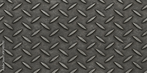 Industrial silver diamond plate metal texture background features a seamless metallic steel pattern on a rough gray iron surface for construction and industry wallpaper