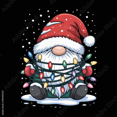 A xmasl gnome is snugly wrapped in colorful Christmas lights