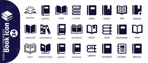 Book icon set of 24, glyph style vector icons suitable for web, mobile, apps, and print