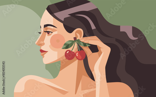 Elegant Woman with Cherries in Her Ear as Chic Earring, a Portrait of Natural Beauty and Freshness
