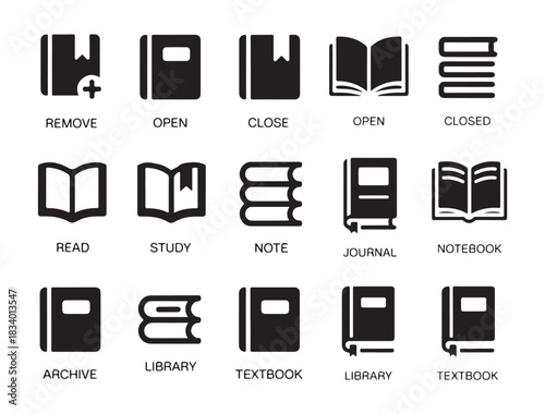 Book icon set, glyph style vector icons suitable for web, mobile, apps, and print isolated on white