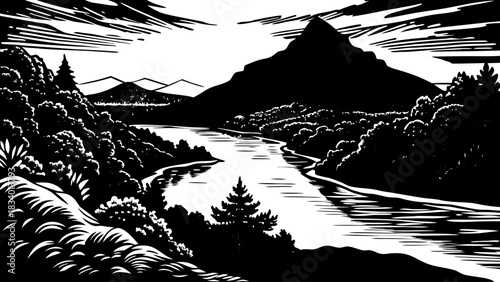 Very beautiful dawn light illuminating Lookout Mountain as smooth flowing water reflects warm colors, creating a peaceful landscape with soft textures, gentle motion, and a glowing horizon in Chattano