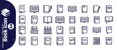 Book icon set collection contains book with pen open book stack and reading book outline icons