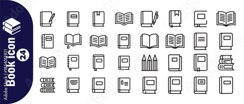 Book icon set collection contains book with pen open book and stack book outline icons