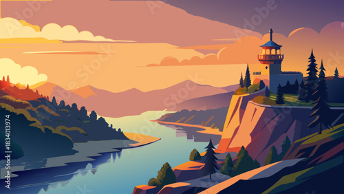 Very beautiful dawn light illuminating Lookout Mountain as smooth flowing water reflects warm colors, creating a peaceful landscape with soft textures, gentle motion, and a glowing horizon in Chattano