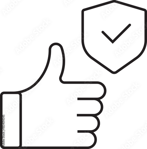 Line icon of a thumbs-up hand next to a shield with a checkmark, symbolizing trust and approval.