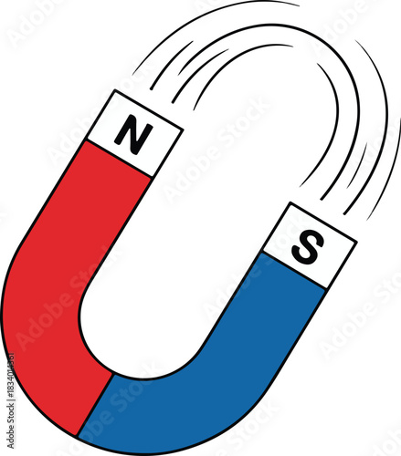 Horseshoe magnet vector showing red north pole and blue south pole with magnetic field lines.