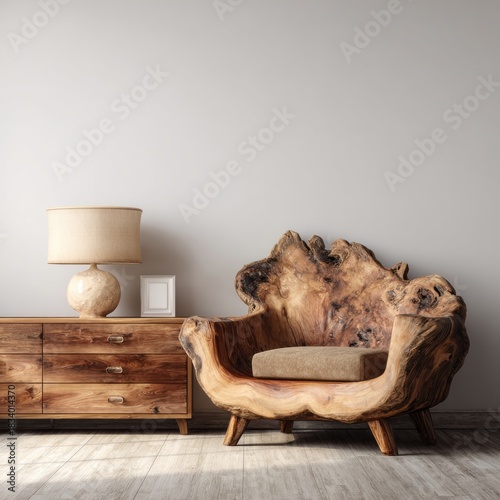 Unique live edge wooden armchair sits beside a rustic wooden dresser in a minimalist interior space