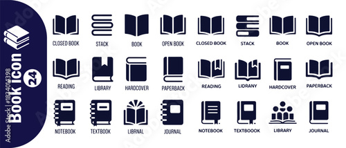 Book icon set. collection of 24 black book web icons. stack, open book, closed book, reading, library, hardcover