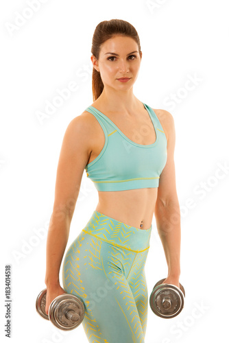 Active young sporty hispanic woman workout with dumbbells isolateda