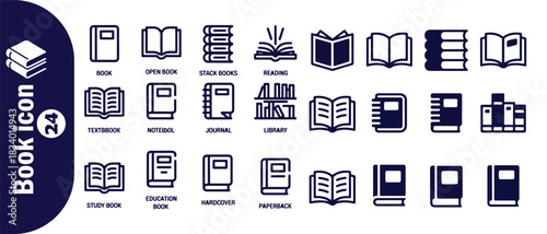 Extensive collection of book icons in outline style portraying various literary and educational items