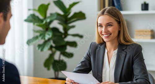 Smiling woman holding papers talks to a man in a bright modern office during a meeting or interview