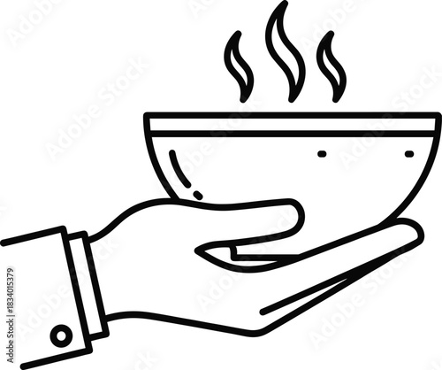 Hand Holding Hot Soup Bowl Line Icon. Food Service, Cooking, and Restaurant Line Art Vector.