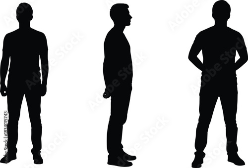 Silhouette figures of standing men in multiple poses, isolated black human outlines, side view and front view collection for graphic design use
