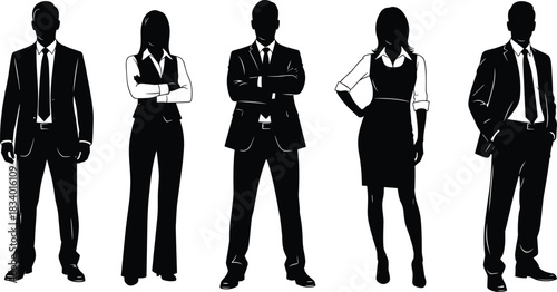 Silhouettes of business professionals standing in formal attire, corporate team group illustration, confident men and women poses for design and presentation use