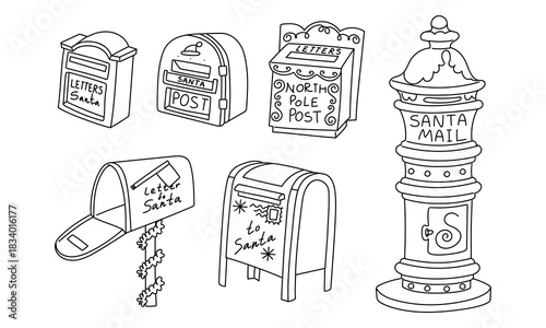 set of flat outlines of doodle Christmas mailboxes and Santa Claus mailboxes. A set of decorative doodle icons for holiday stickers, labels, postcards, and holiday design elements