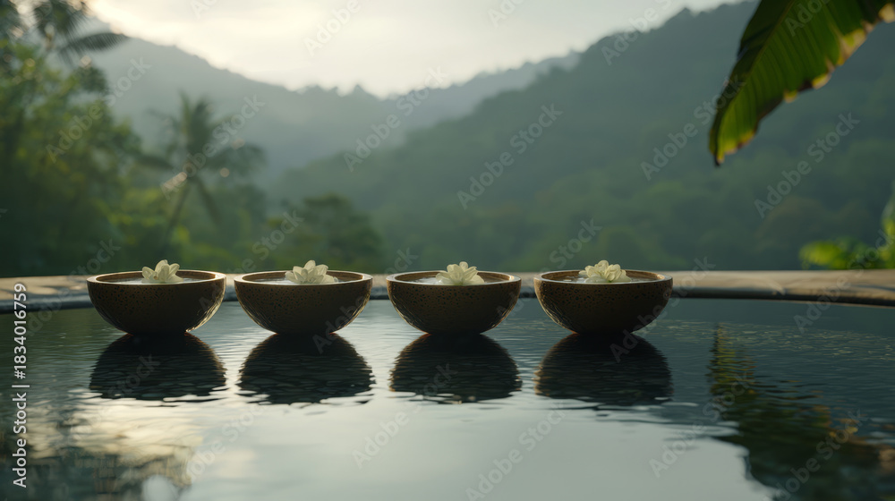 Fototapeta premium Tranquil spa scene with floating flower bowls overlooking a lush green valley at sunrise.