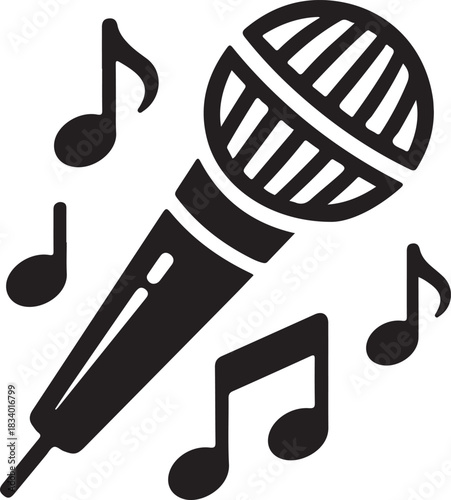 Microphone vector icon with musical notes floating around representing singing audio and performance