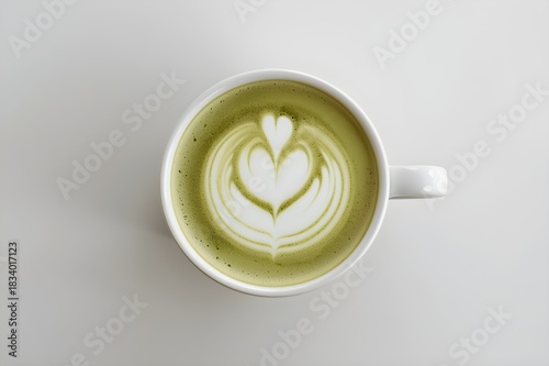 cup of vibrant green matcha latte with white latte art on a plain white background