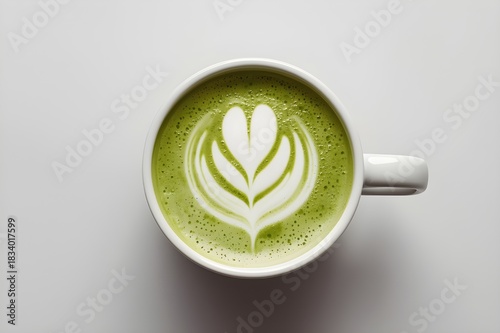 cup of vibrant green matcha latte with white latte art on a plain white background