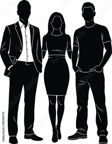 Silhouettes of three people standing together, man woman group illustration, isolated human figures for design, business, lifestyle, creative artwork and presentation use