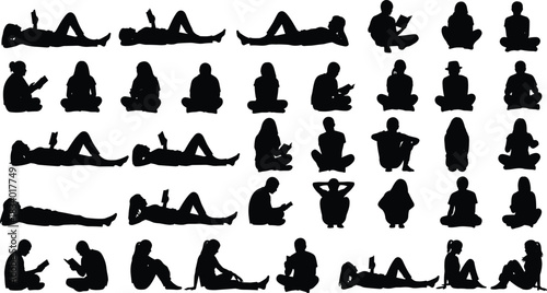 Silhouettes of people sitting, relaxing, reading, and lying in various poses, isolated human figure collection for design, illustration, lifestyle artwork and reference use
